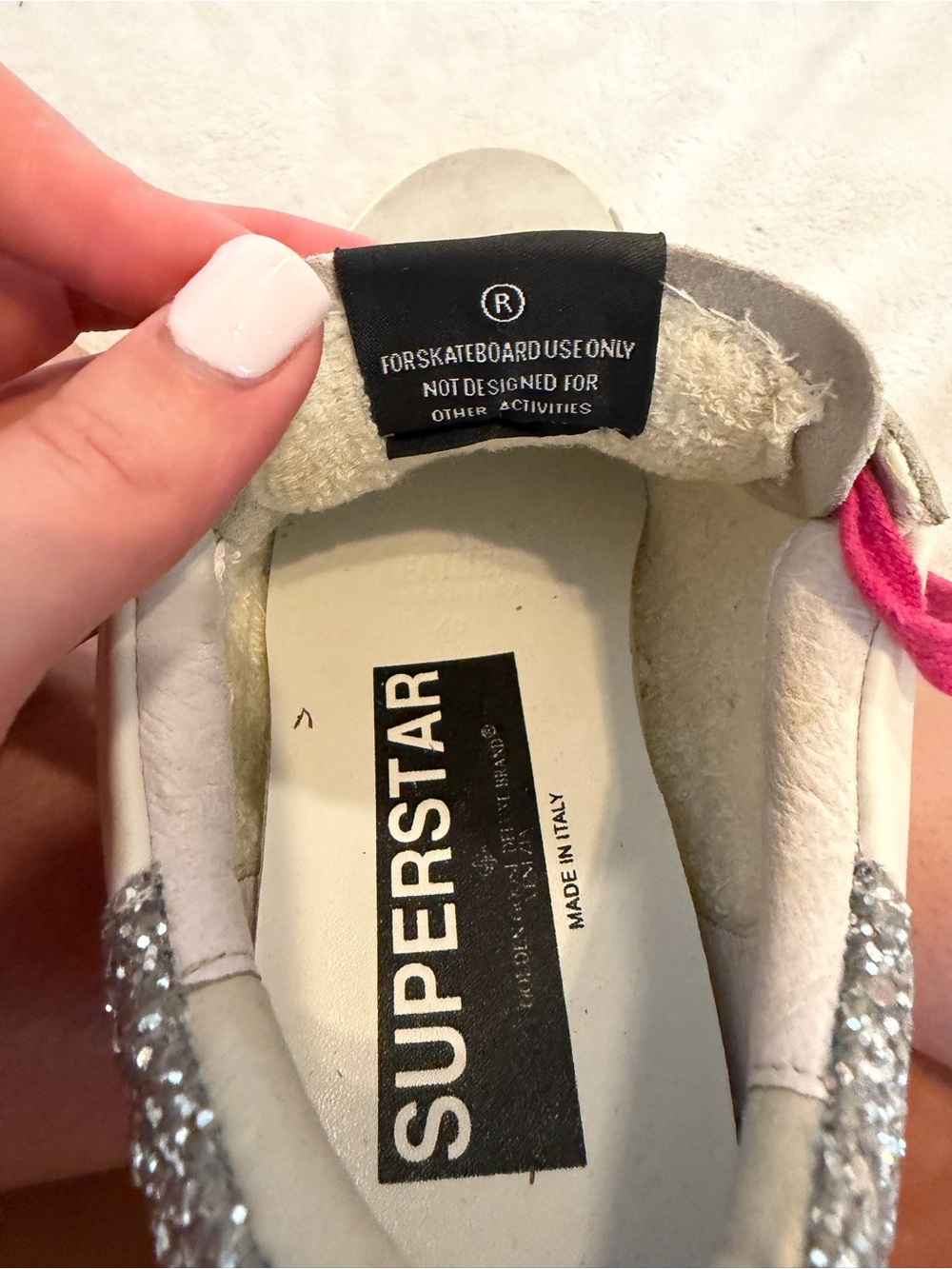 Golden Goose White Leather Sneakers with Blue Star and Pink Laces - Picture 13 of 16